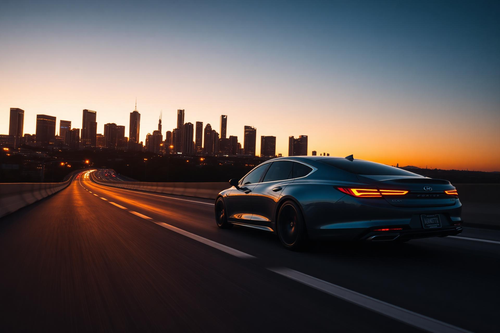 Luxury car driving on coastal highway at sunset